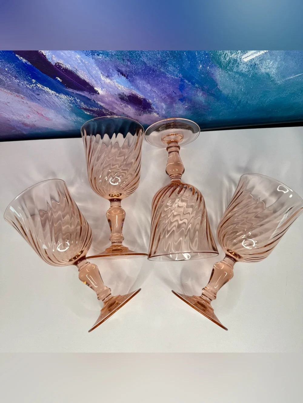 Set of 4 Arcoroc France Rosaline Pink Swirl Wine Water Goblets Stemmed Luminarc